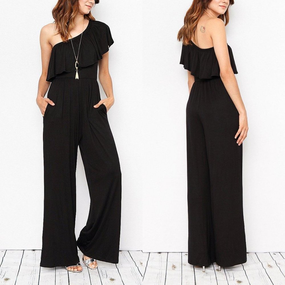 NWOT Black One-Shoulder Ruffle Pocket Jumpsuit